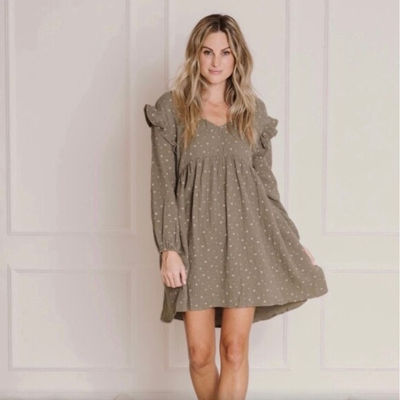 Rylee and Cru Olive Stars Velvet Tie Mini Dress S Small - Picture 2 of 7